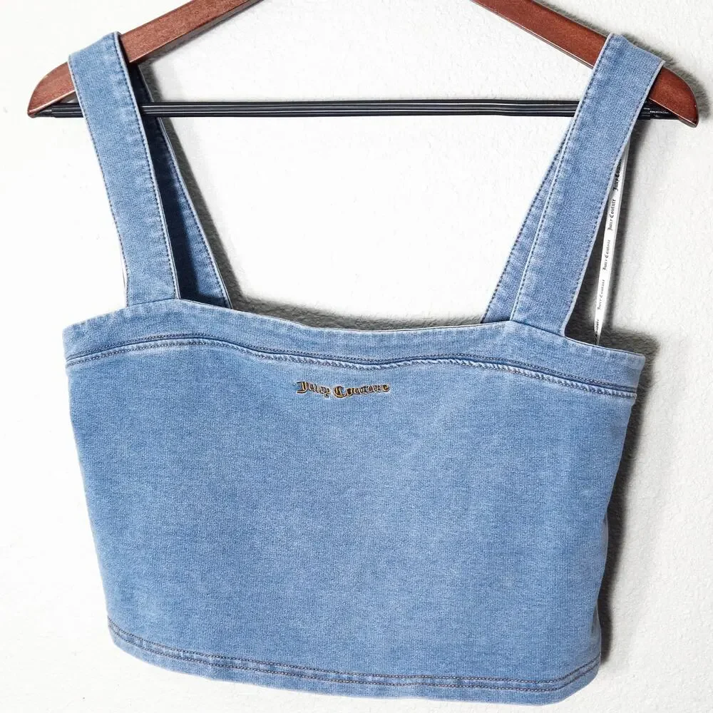 Juicy Couture Cropped Denim Top L Blue Y2K McBling Beachy - Picture 1 of 6